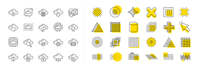 Set of Hosting, Computing data and File storage icons. Design shape elements. Cloud data and technology line icons. Archive, Download, Share cloud files. Vector