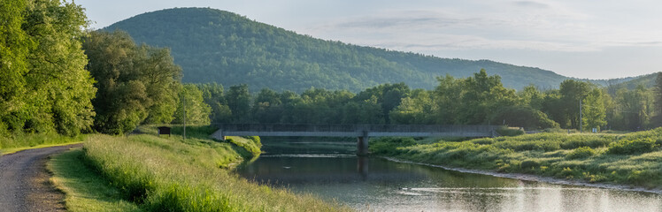 Vivid panorama of river park, Pennsylvania beautiful natural park land, Bradford Pa