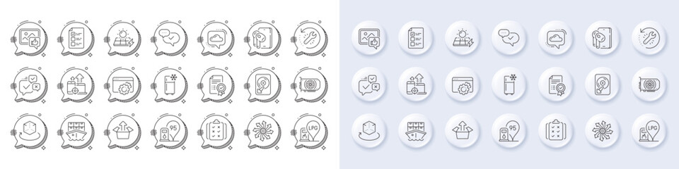 Earphones, Refrigerator and Cloud communication line icons. White pin 3d buttons, chat bubbles icons. Pack of Recovery tool, Seo gear, Certificate icon. Vector