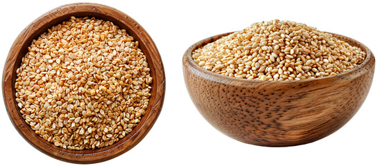 Heap of sesame seeds in a wooden bowl isolated on a white background