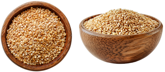 Heap of sesame seeds in a wooden bowl isolated on a white background