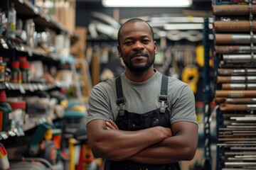 Store Worker. Afro American Hardware Salesman Crossing Arms in Retail Store