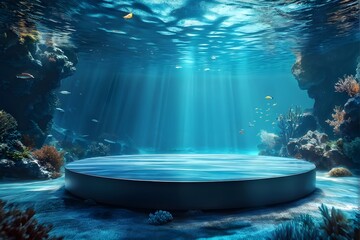 product podium under the deep blue sea with ripple shadow sunlight background. Nature and seascape ocean concept