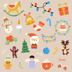 Happy Christmas Design Element Vector Illustration Set Isolated On A Plain Background. Greeting cards template and backgrounds big collection set with gift boxes,people and Xmas tree isolated on white