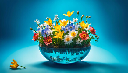 durchsichtige Glas Schale Blumenvase gefüllt mit bunten Blumen Blüten Pflanzen des Frühling wie zu Ostern dekorativ festlich vor Hintergrund in blau frisch und edel florale Dekoration dekorativ 