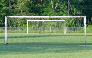 Fototapeta premium Soccer field amateur field, goal post, selective focus, green grass, summer fun sports