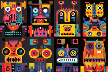 Colorful symmetrical designs of abstract robotic faces