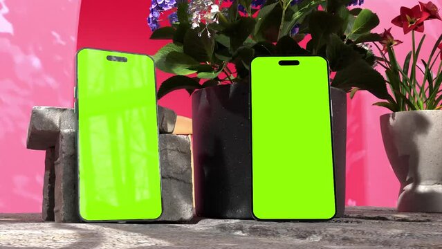 3D Rendering iPhone Mockups Blank Green Screen 