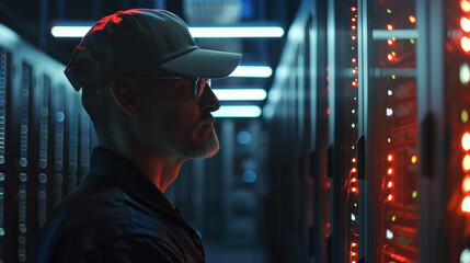 IT data center Infrastructure server supervisor or manager monitoring server racks,  Concept of Data Management, cloud Server Virtualization