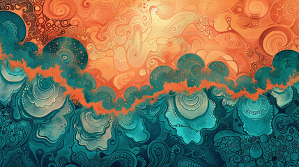 A fusion of soft orange gradients and intricate turquoise patterns, reminiscent of a captivating sunset over a serene landscape.
