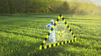 Scientist in protective suit analyzes nature in front of digital skull warning symbol, concept...