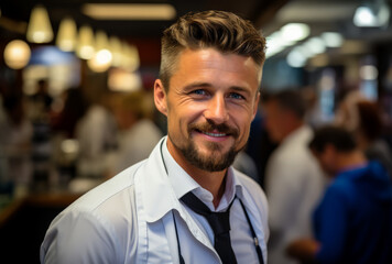 Fototapeta premium Friendly waiter in a bustling restaurant setting