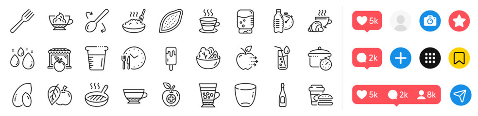 Water cooler, Frappe and Croissant line icons pack. Social media icons. Fast food, Dry cappuccino, Champagne web icon. Apple, Glass, Salad pictogram. Fitness water, Cocoa nut, Porridge. Vector