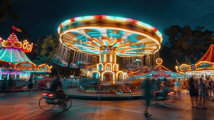 Fototapeta premium Colorful amusement park with spinning carousel and vibrant lights at night