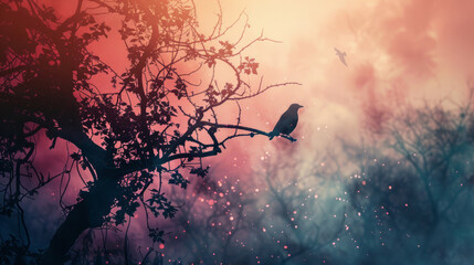 Silhouette of bird on tree branch during colorful sunset