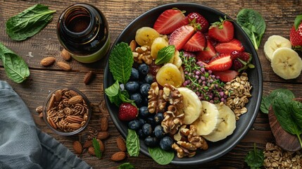 Fresh and healthy breakfast bowl with fruits, nuts and chia seeds.