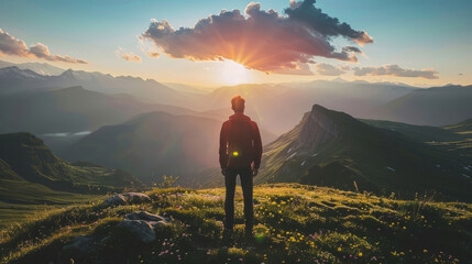 Obraz premium Man standing on mountain peak admiring sunrise over scenic landscape