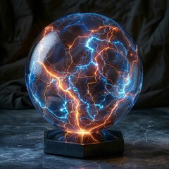Plasma ball with blue and orange electric lightning.