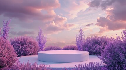 3D round product pedestal surrounded by lavender plants. Three-Dimensional Cosmetic Exhibition. Platform for Merchandise