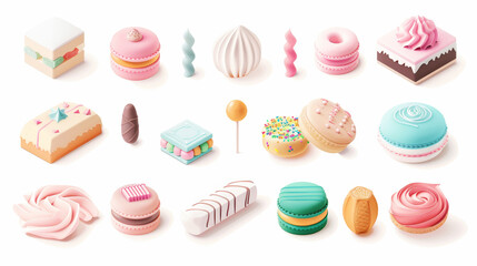 Obraz premium Set of 3d delicious, high-calorie sweets, cake, desserts. Soft pastel colours. Celebration template. Generative AI