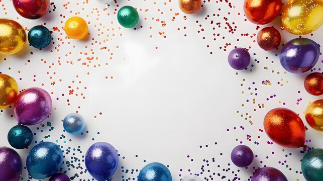 Festive anniversary celebration balloon glitter paper pieces arranged artistically on a white backdrop, providing ample space in the middle for custom text or graphics