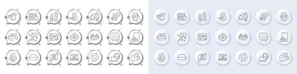 Lock, Cardio training and Strategy line icons. White pin 3d buttons, chat bubbles icons. Pack of Notification cart, Safe time, Online storage icon. Consult, Web report, Approved pictogram. Vector