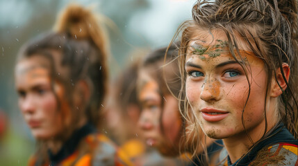 Women's rugby team in an intense match, showcasing strength, determination, and breaking stereotypes