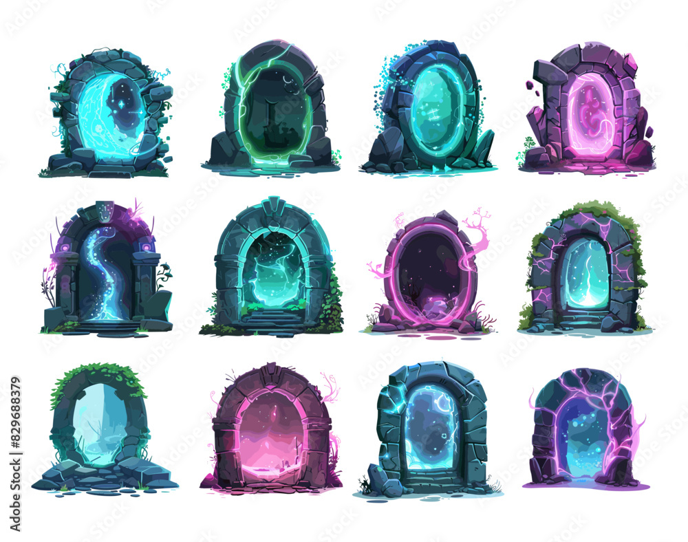 Fototapete portals cartoon vector set. stone arches teleport lightning haze outer worlds transition flashes fan