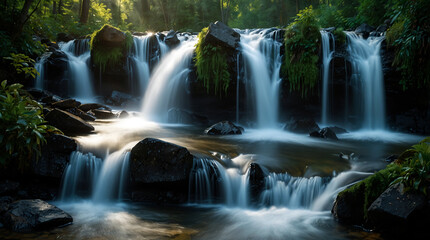 waterfall in the forest, Echoes of Nature: The Bright Dance of Cascades