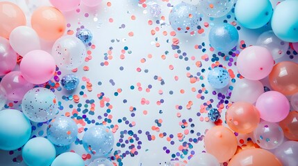 Shimmering balloon glitter paper confetti scattered elegantly on a plain white surface, leaving room in the center for personalized additions