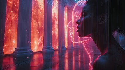 Obraz premium Digital art featuring a human silhouette with blurred face against vibrant neon lights and futuristic architecture