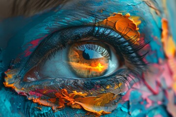 Fototapeta premium A close-up of a human eye dramatically enhanced with vivid colors and textured paint around the eyelids for artistic effect