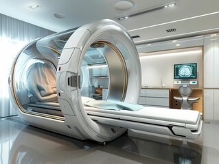 The photo shows a modern MRI machine in a hospital. The machine is surrounded by white walls and there is a computer monitor on the right side of the image.
