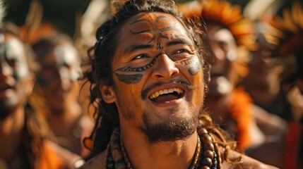 Group performing haka in traditional Maori attire