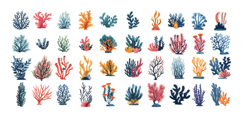 Sea plants cartoon vector set. Corals algae anemones oceanic aquarium reef underwater flora, illustration isolated on white background