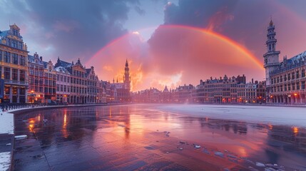 Stunning rainbow arcing over historic European town square with wet cobblestone pavement reflecting...