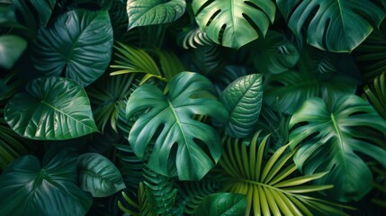 Dense green tropical leaves creating a rich pattern, exemplifies nature's diversity and vibrancy