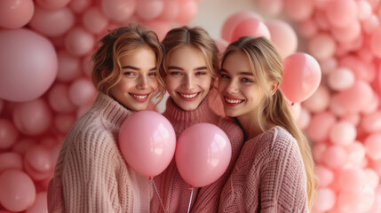 Three beautiful women smiling and holding pink balloons against a backdrop of pink decorations - Powered by Adobe