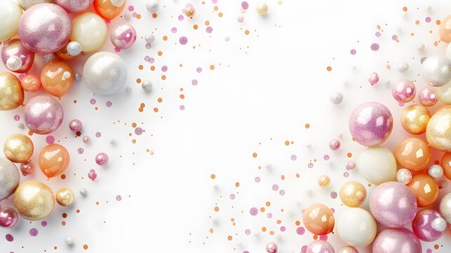 Anniversary celebration-themed glitter paper confetti shaped like balloons arranged creatively on a clean white background, with a central area perfect for customization