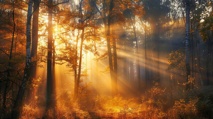 Obraz premium Sunlight streaming through trees in a peaceful autumn forest