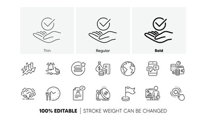 Approved, Co2 gas and World planet line icons. Pack of Best food, Milestone, Delivery notification icon. Food time, Phone messages, Budget accounting pictogram. Consumption growth. Line icons. Vector