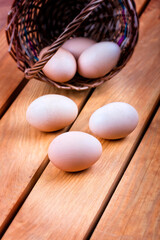 eggs in a basket on a wooden background