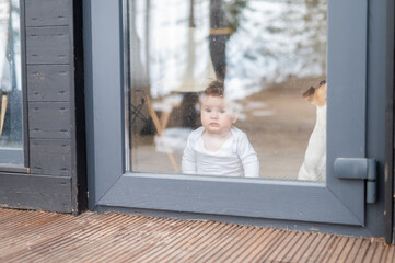 Cute baby boy and Jack Russell terrier dog looking through the patio window. 