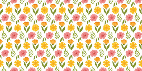 Seamless pattern with floral elements.Botanical inspired repeated fabric or wallpaper design with orange flower on stem with leaf, yellow flower, cherry blossom and leaves
