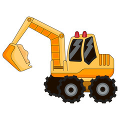 Yellow track-type excavator for construction building, heavy equipment and industria machinery for mining in cartoon style