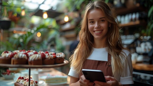 A cheerful young woman in an apron stands in a bakery with desserts in the background, holding a smartphone