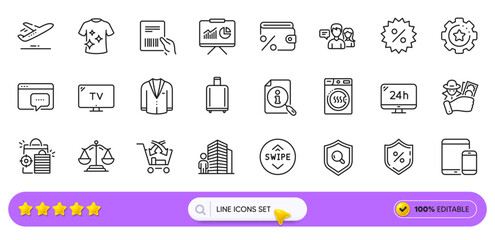 Agent, People talking and Justice scales line icons for web app. Pack of Savings tax, Parcel invoice, 24h service pictogram icons. Search, Clean t-shirt, Tv signs. Discount, Suit, Plane. Vector