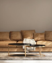 Brown sofa, gold round coffee table, black marble top in elegant living room in sunlight from...
