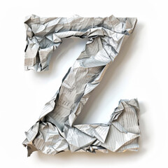 Letter Z from crumpled newspaper on a clean white background. Fashion scrapbook lettering concept. Generative AI