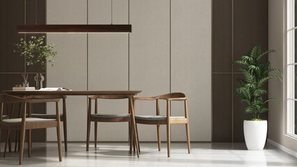 Modern, minimal wooden dining table, chairs, pendant light and tree in sunlight from window on luxury white and brown wall dining room for interior design decoration, product background 3D